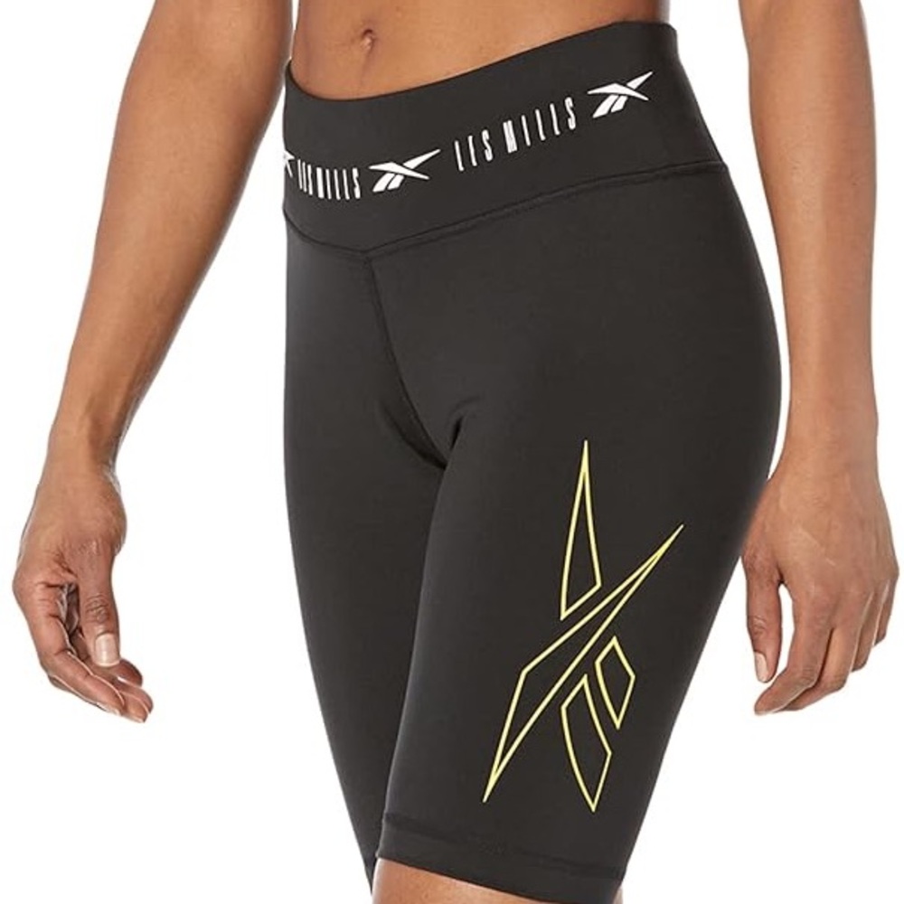 Reebok Les Mills Black Bike Shorts with Yellow Logo